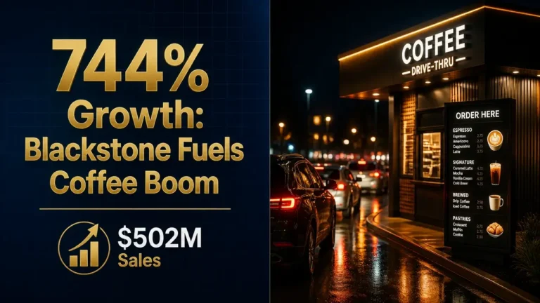 Split composition with bold gold typography and a glowing nighttime drive-thru kiosk scene, illustrating the Blackstone-backed drive-thru coffee boom