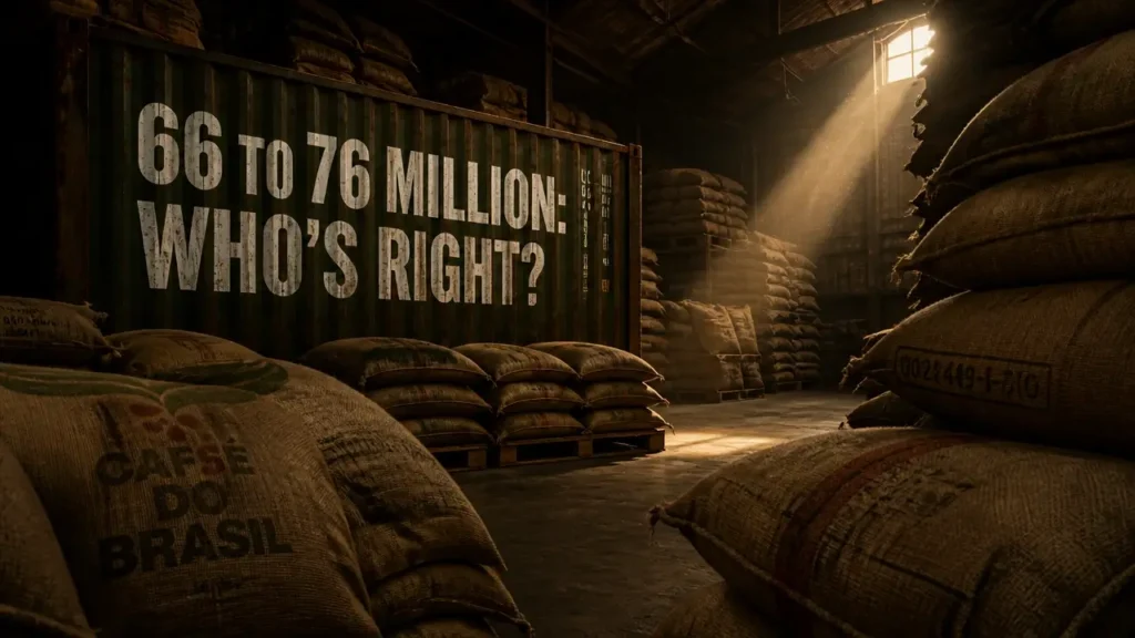 Stacked coffee burlap bags in a dim warehouse with stenciled headline questioning Brazil 2026 crop forecast split
