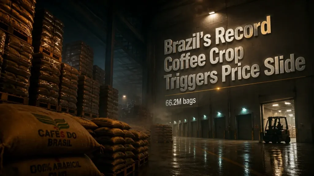 Industrial warehouse with towering coffee bags, dim amber lighting, and bold text showing Brazil's record 2026/27 coffee harvest and price slide