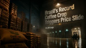 Industrial warehouse with towering coffee bags, dim amber lighting, and bold text showing Brazil's record 2026/27 coffee harvest and price slide