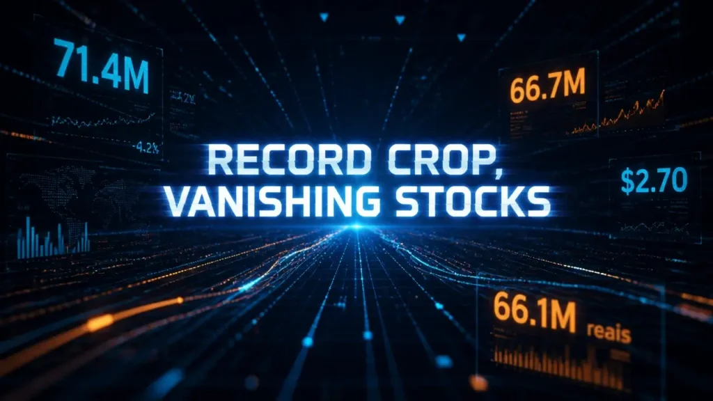 Brazil coffee crop 2026 pits big harvest vs tight stocks 1 Glowing abstract data visualization with floating coffee crop numbers and headline 'Record Crop, Vanishing Stocks' on dark blue background