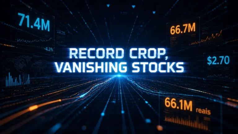 Glowing abstract data visualization with floating coffee crop numbers and headline 'Record Crop, Vanishing Stocks' on dark blue background