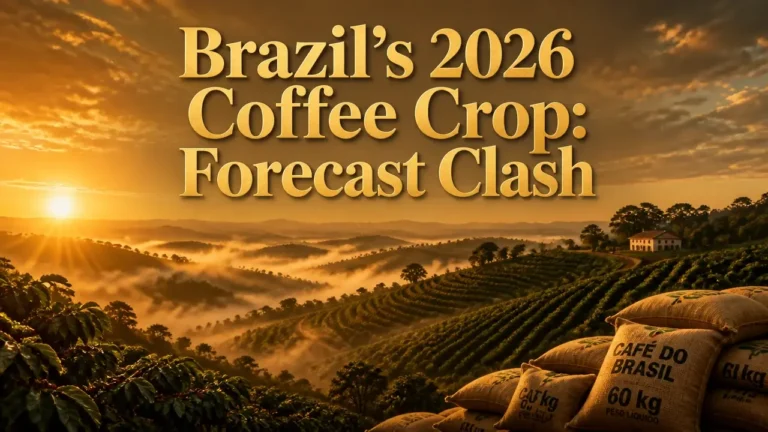 Golden‑hour view of Brazil’s coffee plantations with mist, bag silhouettes and bold forecast numbers overlay