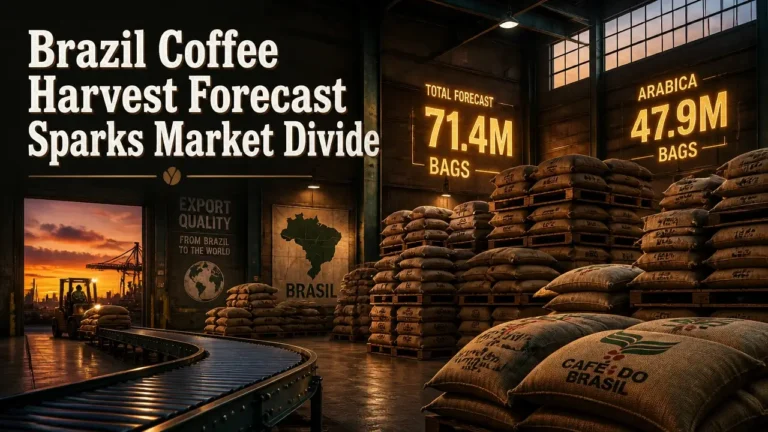 Industrial coffee warehouse at dusk with stacked bags and bold headline showing Brazil coffee harvest forecast and key statistics