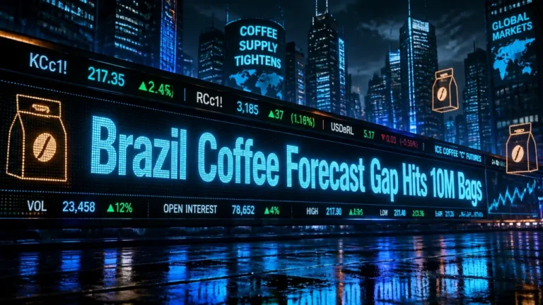 Neon LED ticker over a night city skyline displays the headline Brazil Coffee Forecast Gap Hits 10M Bags with abstract coffee bag icons, reflecting tense market uncertainty.