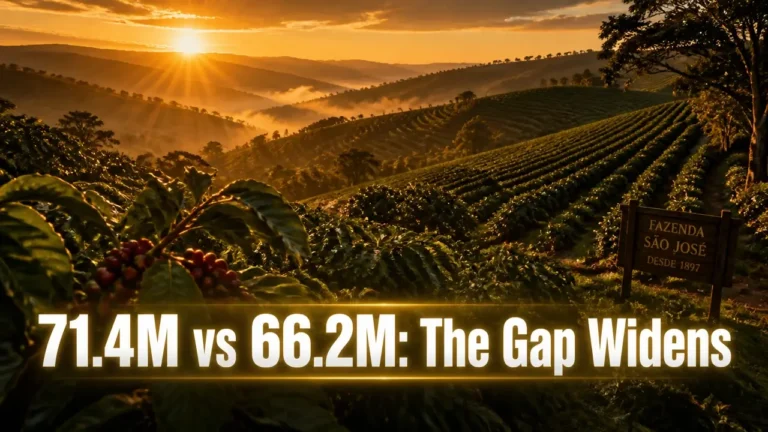 Brazilian coffee fields at golden hour with typography overlay '71.4M vs 66.2M: The Gap Widens' illustrating forecast gap.