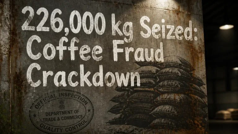 Chalk lettering on weathered wall with seized coffee statistic, illustrating Brazil coffee fraud crackdown