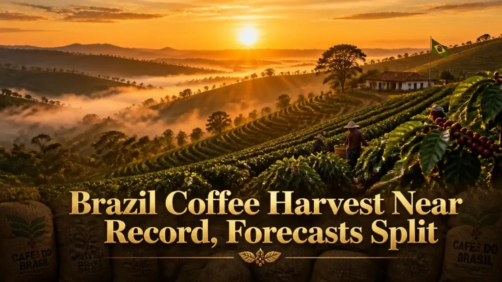 Golden‑hour view of Brazil coffee plantations with mist and sunrise, overlaid with headline about record harvest forecasts
