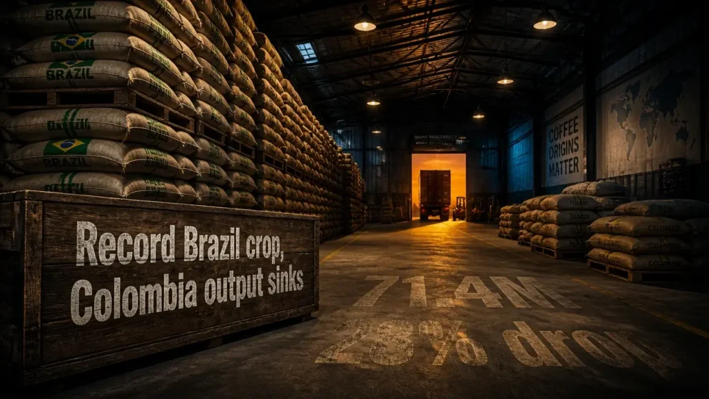 Brazil–Colombia coffee supply gap widens 6 Stacked coffee bags in warehouse with headline contrasting Brazil record harvest and Colombia production slump in editorial style