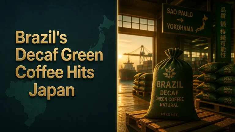 Split image showing bold headline about Brazil's naturally decaffeinated green coffee export to Japan and a sunrise‑lit port warehouse with stacked green coffee bags