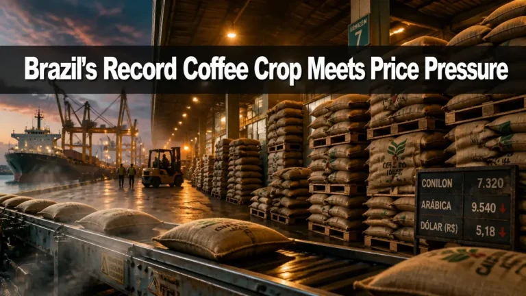 Industrial port warehouse with stacked coffee bags and bold text highlighting Brazil's record coffee crop and price pressure