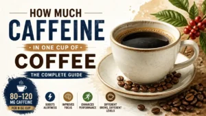 A hyper-realistic 3D coffee cup with watercolor textures representing caffeine content in coffee.
