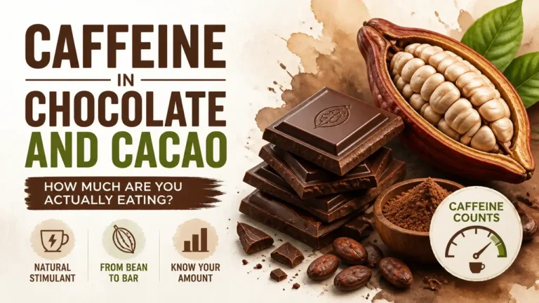 A stylized 3D and watercolor artistic rendering of chocolate bars and cacao beans highlighting caffeine content information.