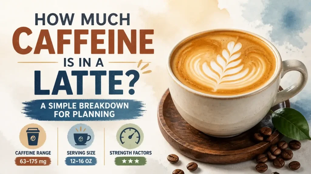 A stylized 3D rendered latte coffee with an infographic overlay showing caffeine content details.