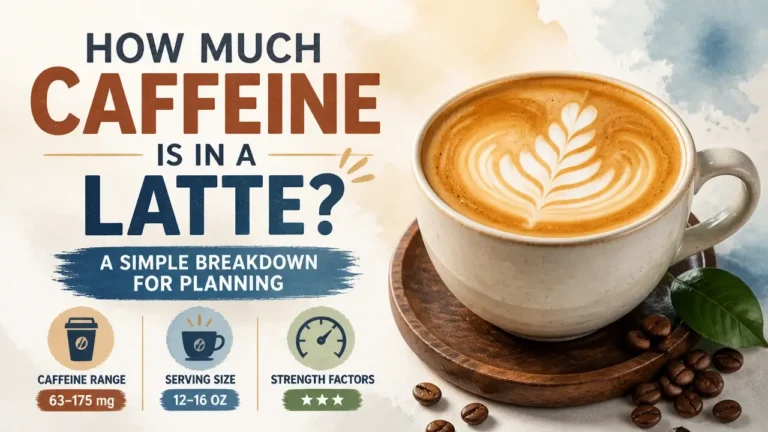 A stylized 3D rendered latte coffee with an infographic overlay showing caffeine content details.