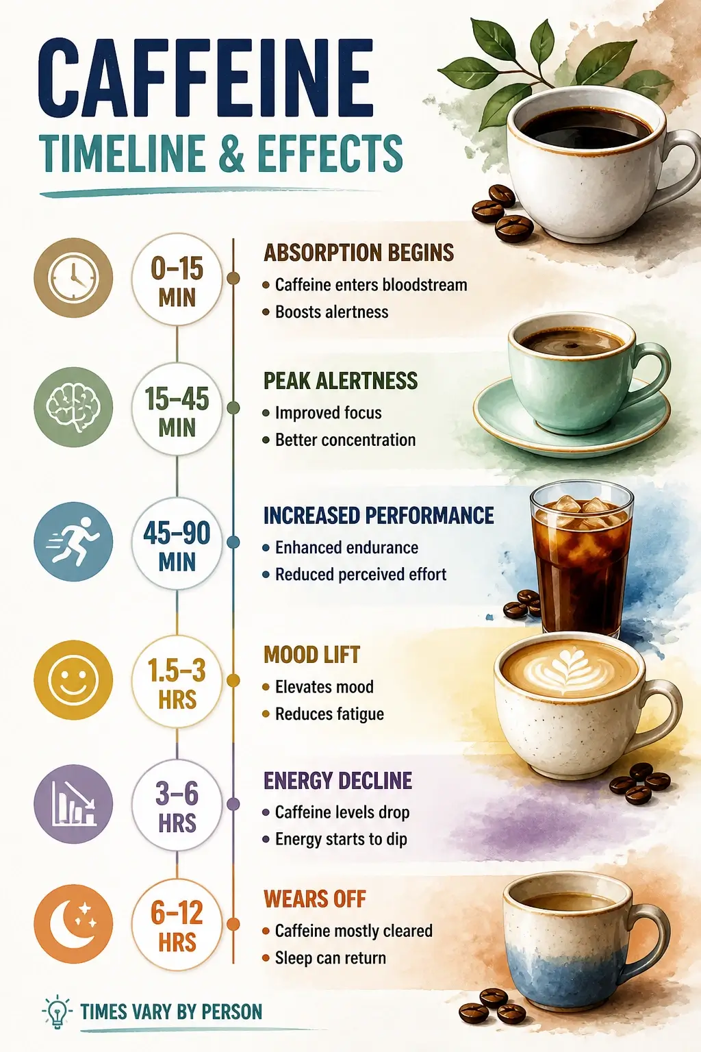 Caffeine Content of Coffee: How Much Is Actually in Your Cup? 4 A 3D watercolor style infographic showing the timeline and physical effects of caffeine on the body.