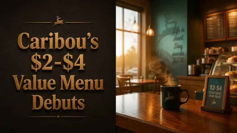 Warm coffee shop interior with split‑screen design showing Caribou Coffee $2‑$4 Value Menu headline in bold typography