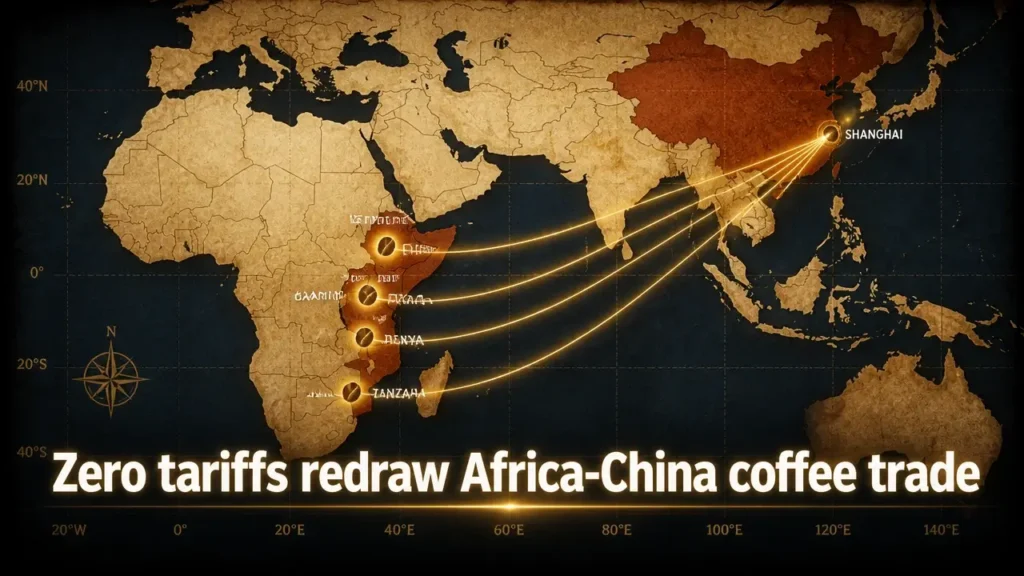 China–Africa coffee trade reshaped by zero tariffs 1 Map of Africa and Asia with glowing gold trade routes and typography reading 'Zero tariffs redraw Africa-China coffee trade'