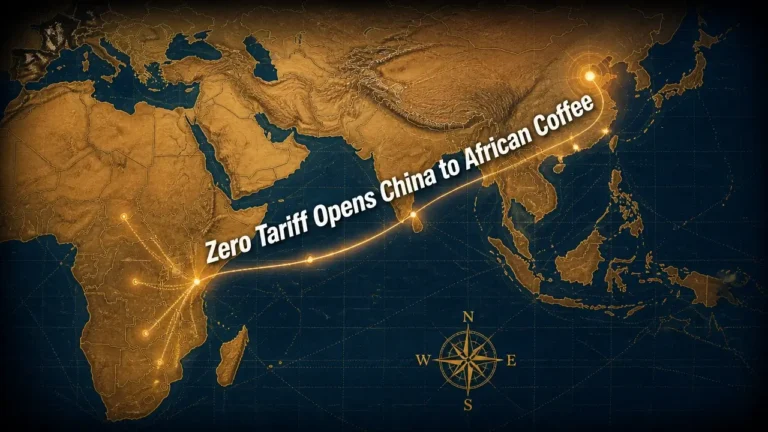 Map of Africa and Asia with glowing trade routes and bold typography reading Zero Tariff Opens China to African Coffee, illustrating new coffee import rules