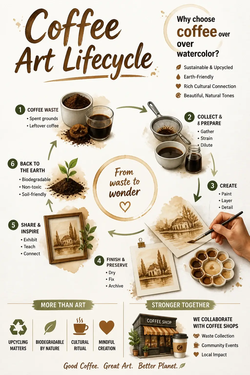 An infographic showing the coffee art lifecycle from spent coffee grounds to finished artistic painting