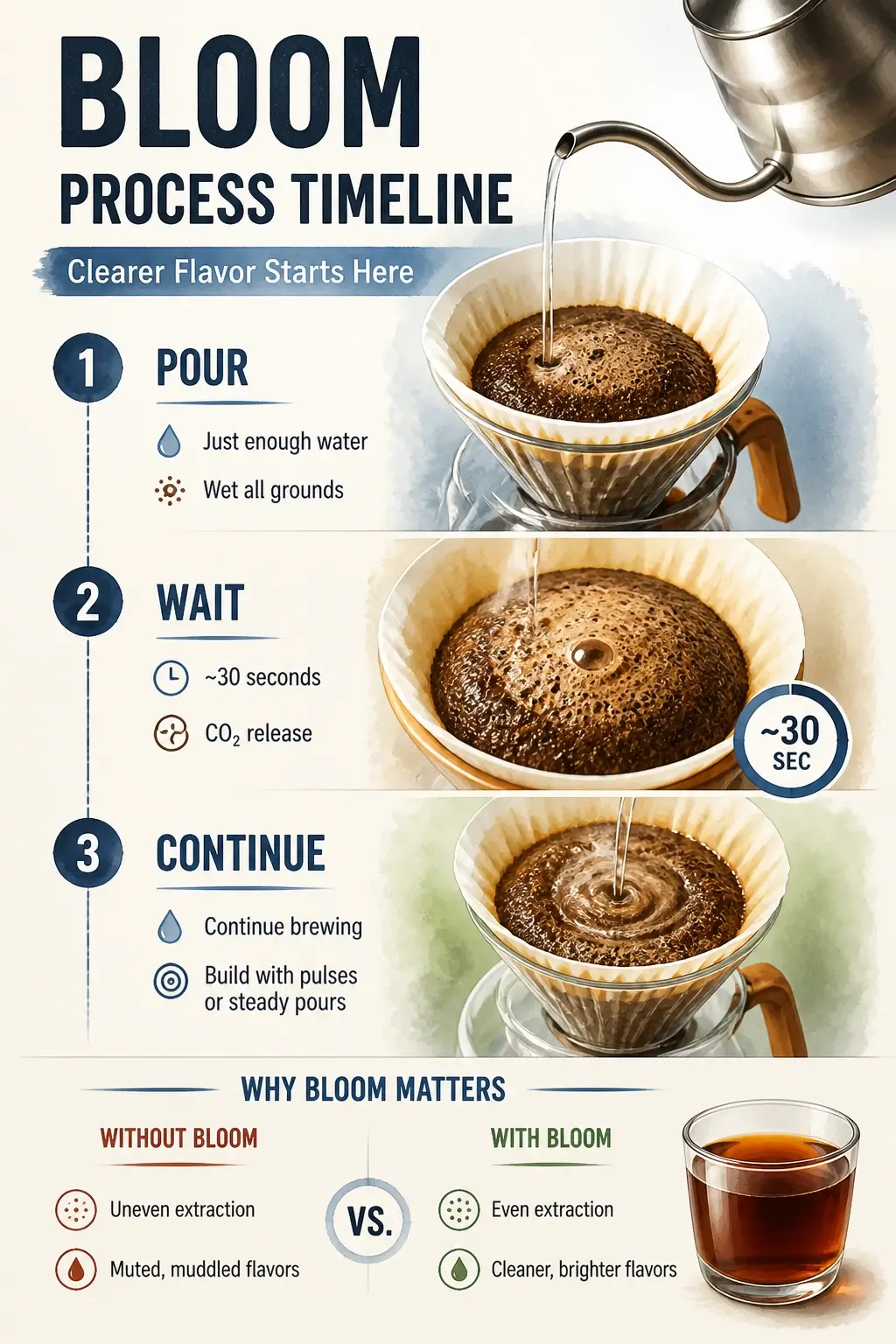 Coffee bloom process infographic