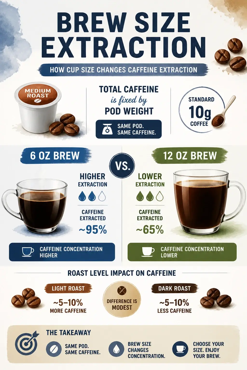 K-Cup Caffeine Levels: Complete Brand Chart, Calculator & Safe Daily Limits 5 Infographic showing how coffee brew size affects caffeine concentration and extraction levels for 6oz and 12oz cups.