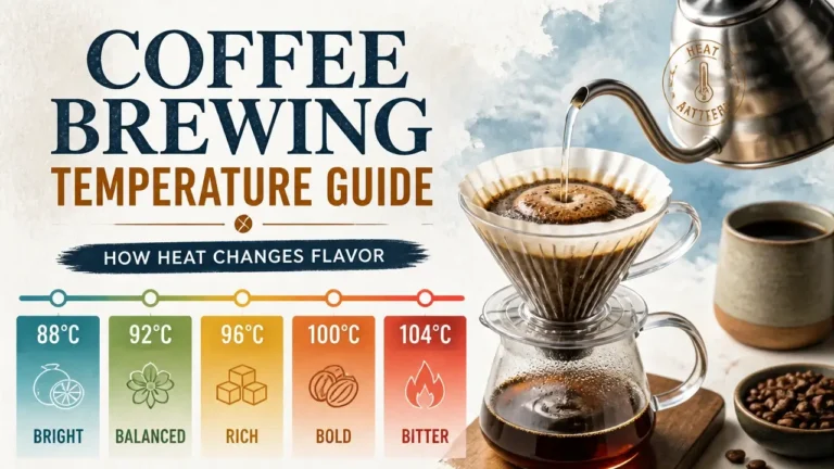 Professional infographic showing the impact of coffee brewing temperature on flavor profiles with a modern 3D aesthetic.