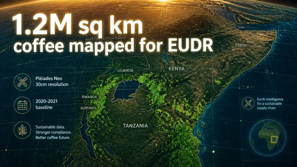 Coffee Canopy Partnership maps coffee for EUDR 8 Stylized map of East African coffee regions with glowing grid lines and typography reading 1.2M sq km coffee mapped for EUDR