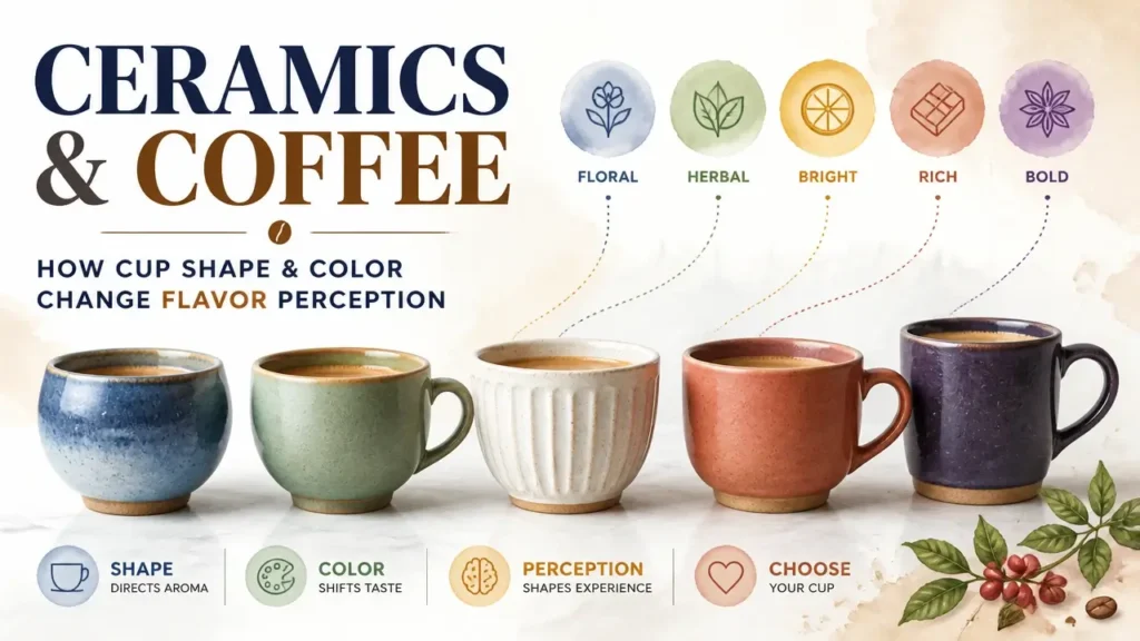 Artistic rendering of ceramic coffee cups highlighting how cup shape and color influence flavor perception.