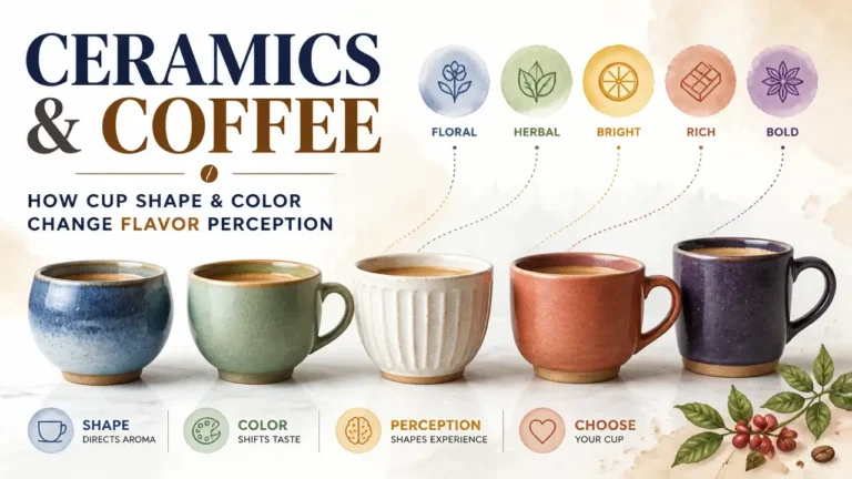Artistic rendering of ceramic coffee cups highlighting how cup shape and color influence flavor perception.