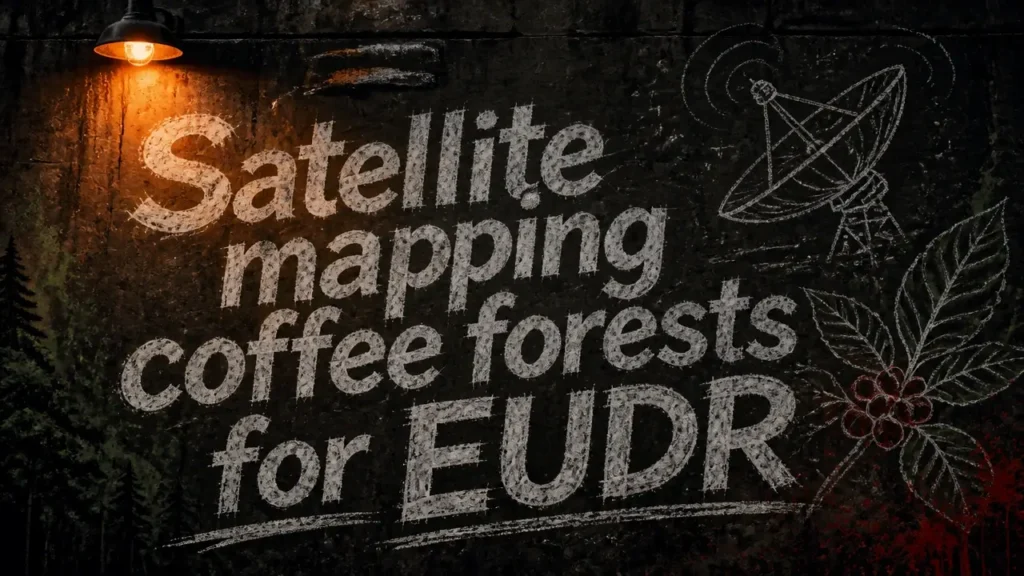 Chalk text on weathered wall reading 'Satellite mapping coffee forests for EUDR' with satellite and leaf outlines in background.