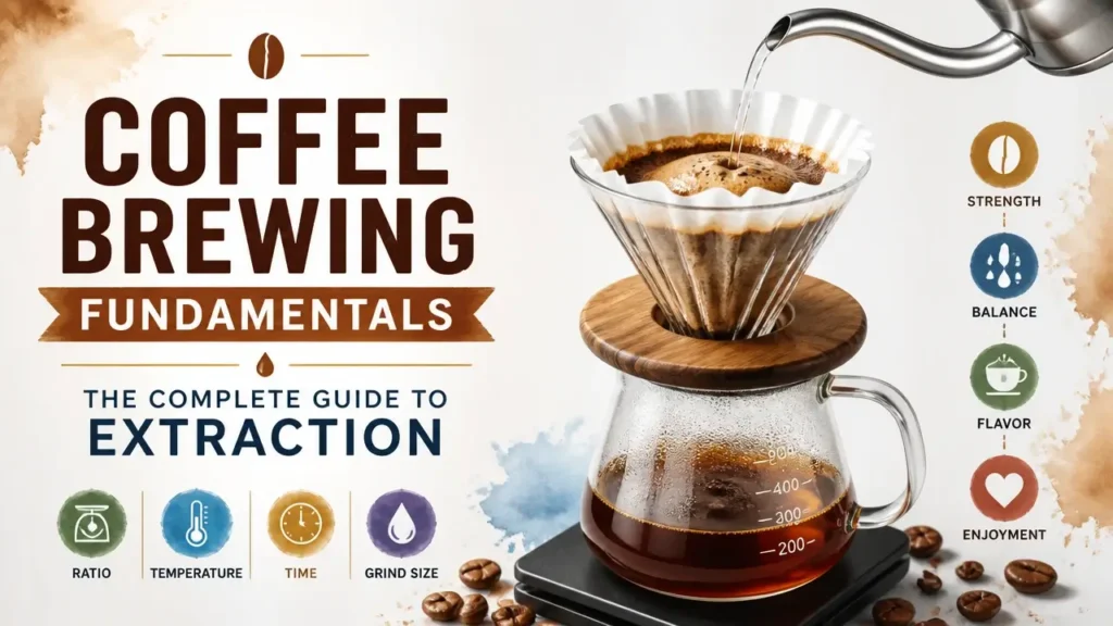 A hyper-realistic 3D render of a coffee brewing extraction process with a modern watercolor infographic layout.