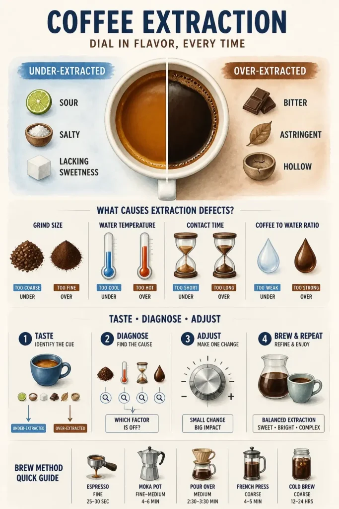 Coffee extraction infographic comparing under-extracted versus over-extracted coffee flavors, showing causes like grind size, water temperature, contact time, and brew ratios.