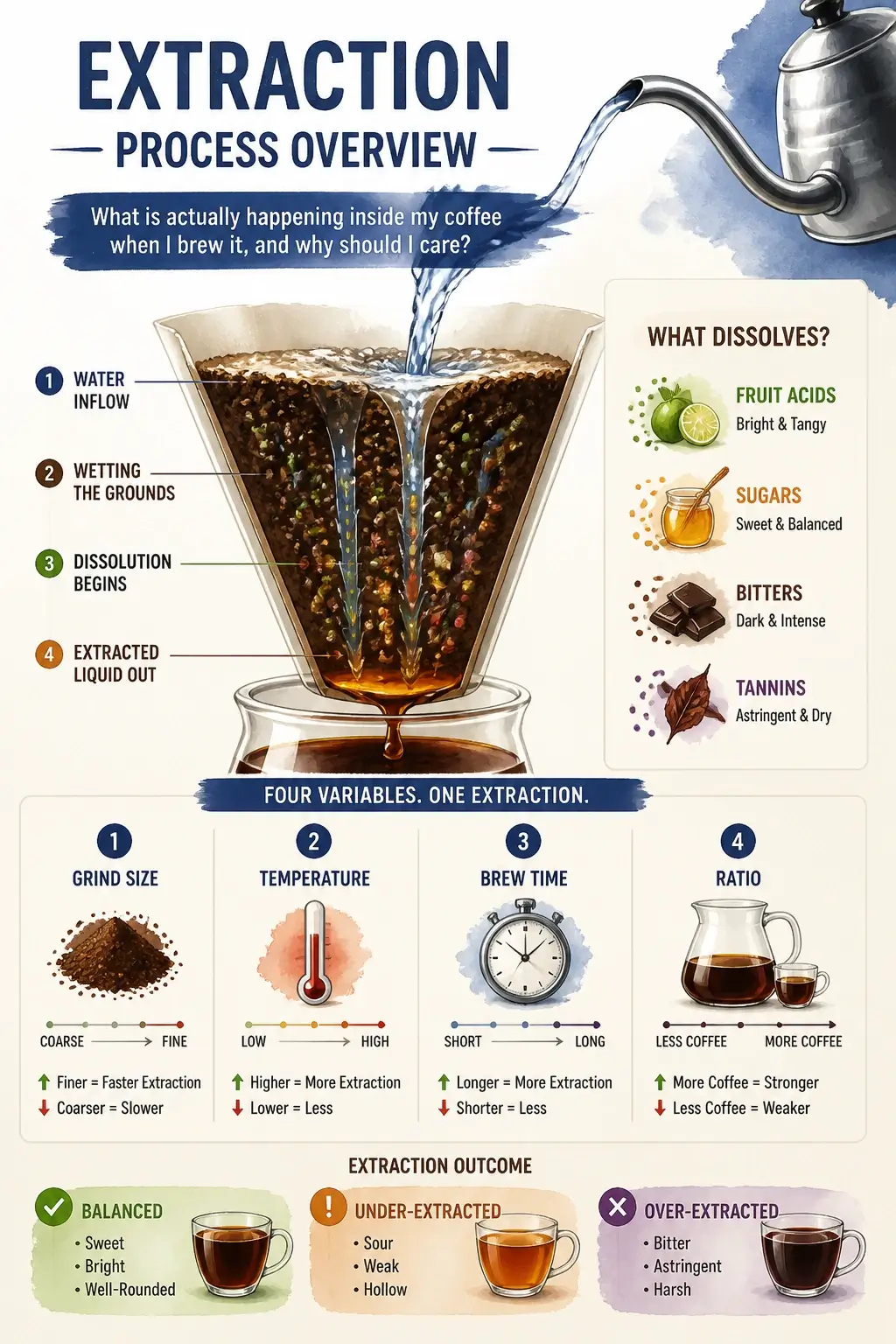 Coffee Extraction Explained: How to Read, Measure, and Control Every Variable in Your Cup 5 coffee extraction process infographic