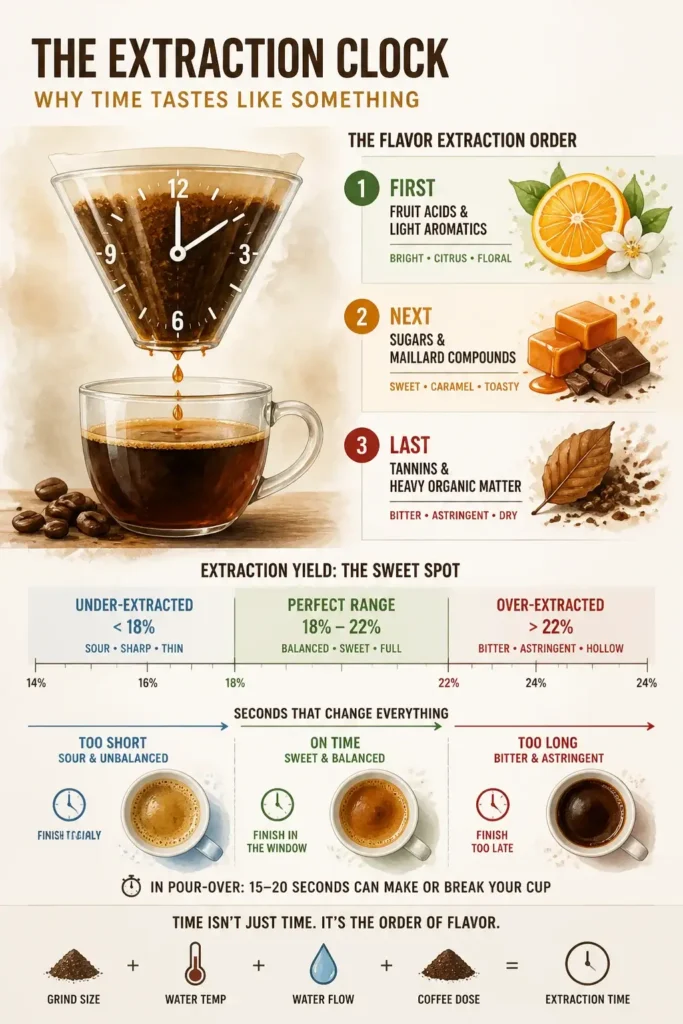 Coffee Contact Time Explained: How Water Duration Shapes Every Flavor in the Cup 6 An infographic titled The Extraction Clock explaining coffee flavor order from fruit acids to sugars and tannins, featuring extraction yield percentages from under-extracted to over-extracted.