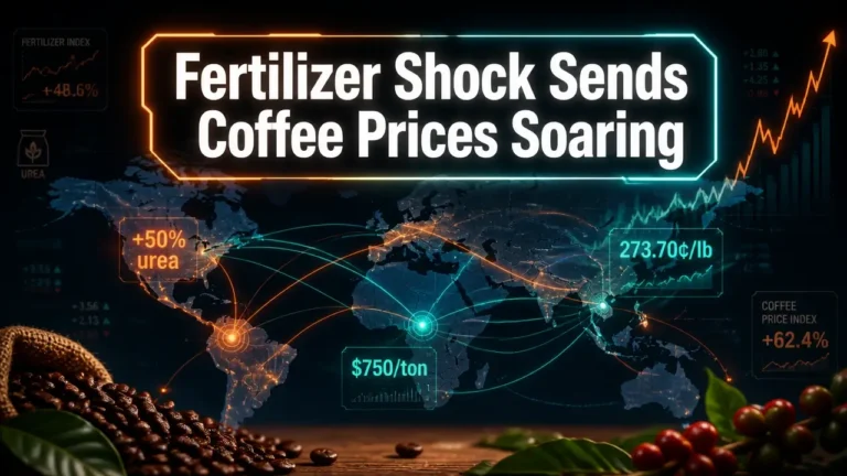 Abstract visualization of rising coffee fertilizer prices with glowing data lines, world map, and bold headline
