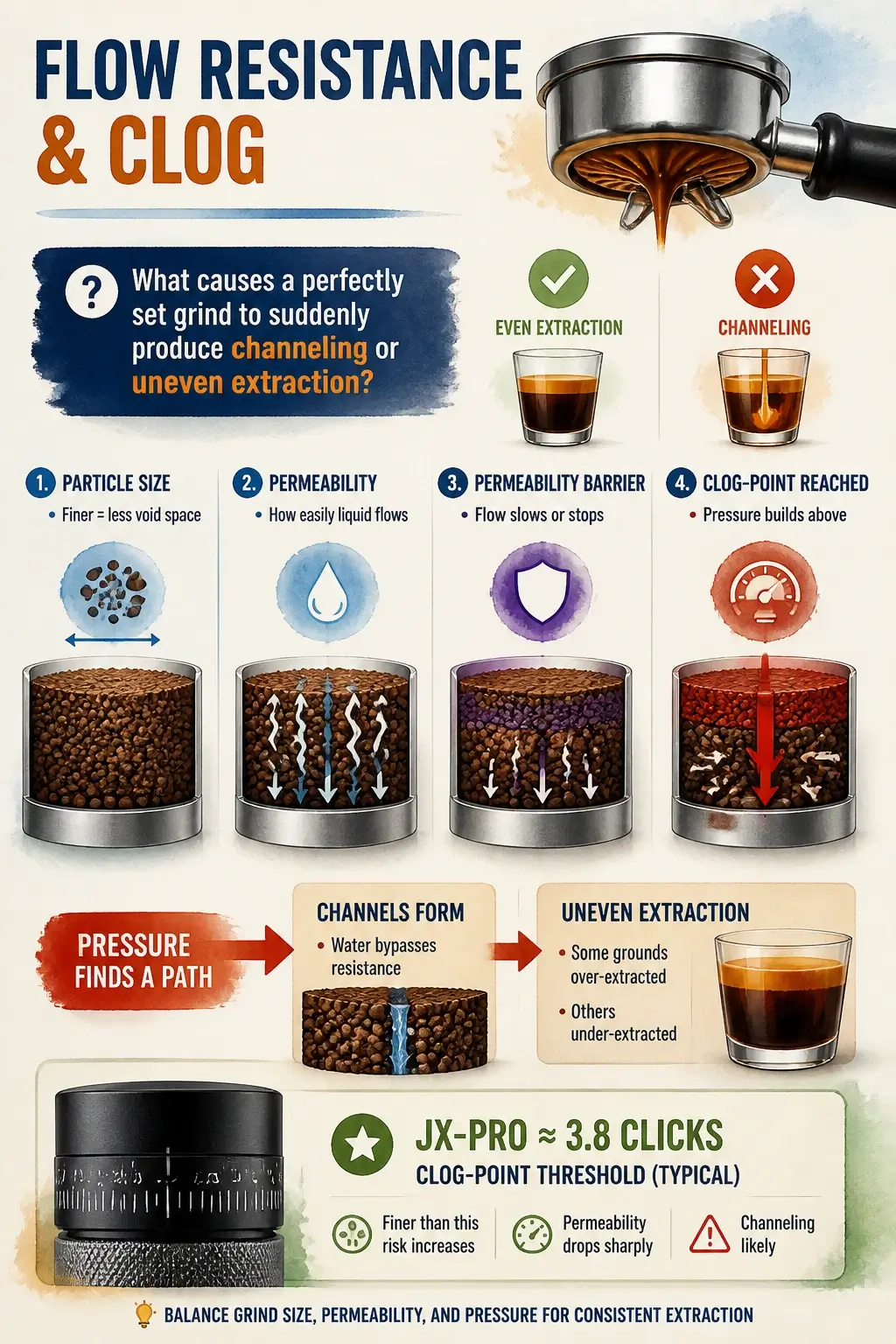 coffee grind flow resistance clog point infographic