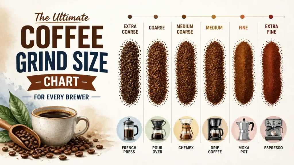 A professional infographic showing a coffee grind size chart for various brewing methods including espresso, pour-over, and French press.