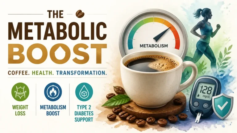 A stylized 3D coffee cup representing the link between coffee consumption and improved insulin sensitivity for weight loss and diabetes management.