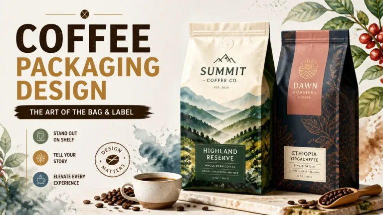 A professional 3D render of artistic coffee packaging design with watercolor textures and clean label typography.