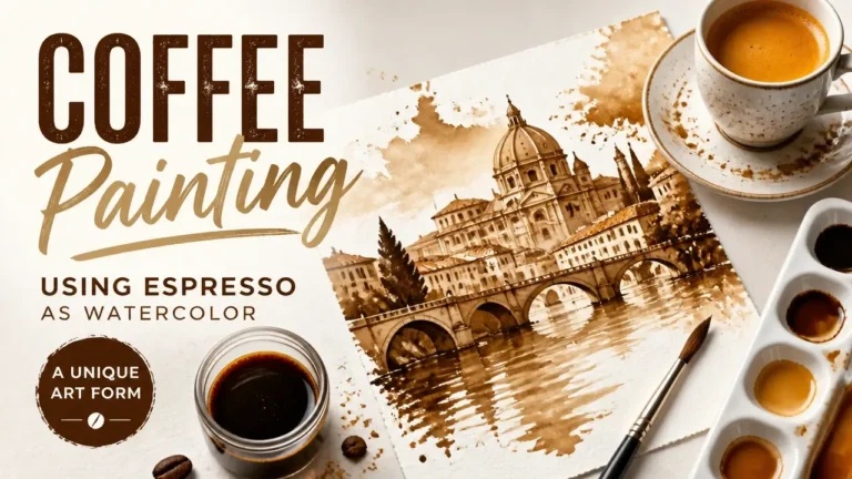 A professional artistic display of coffee painting techniques using espresso as watercolor on canvas.