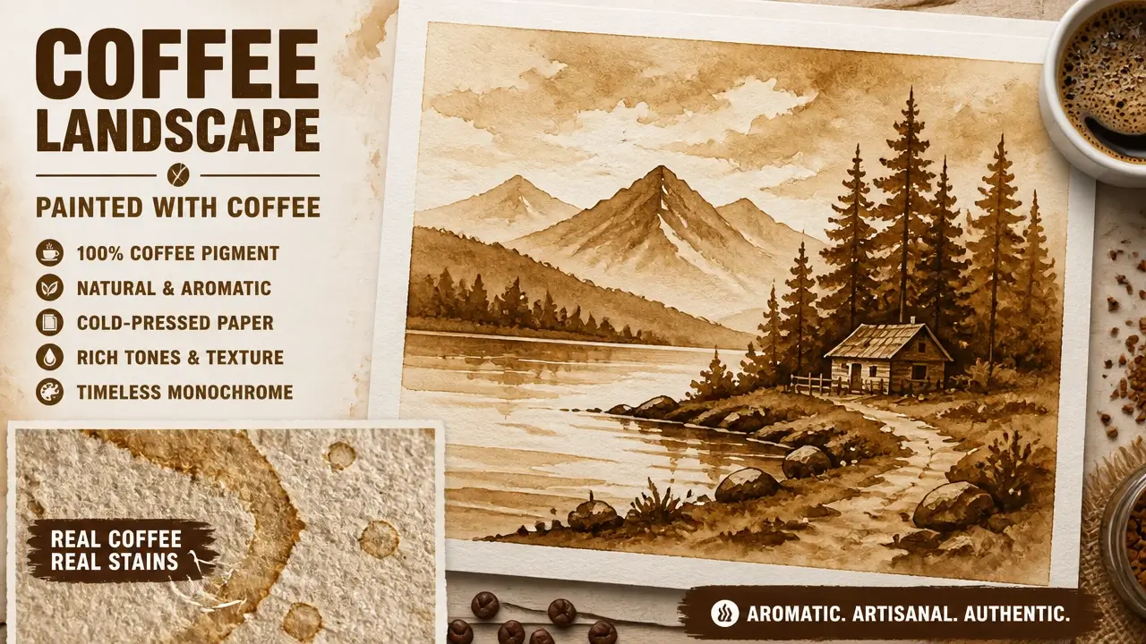 A sepia toned landscape painting created using coffee pigment on cold pressed watercolor paper with visible texture.