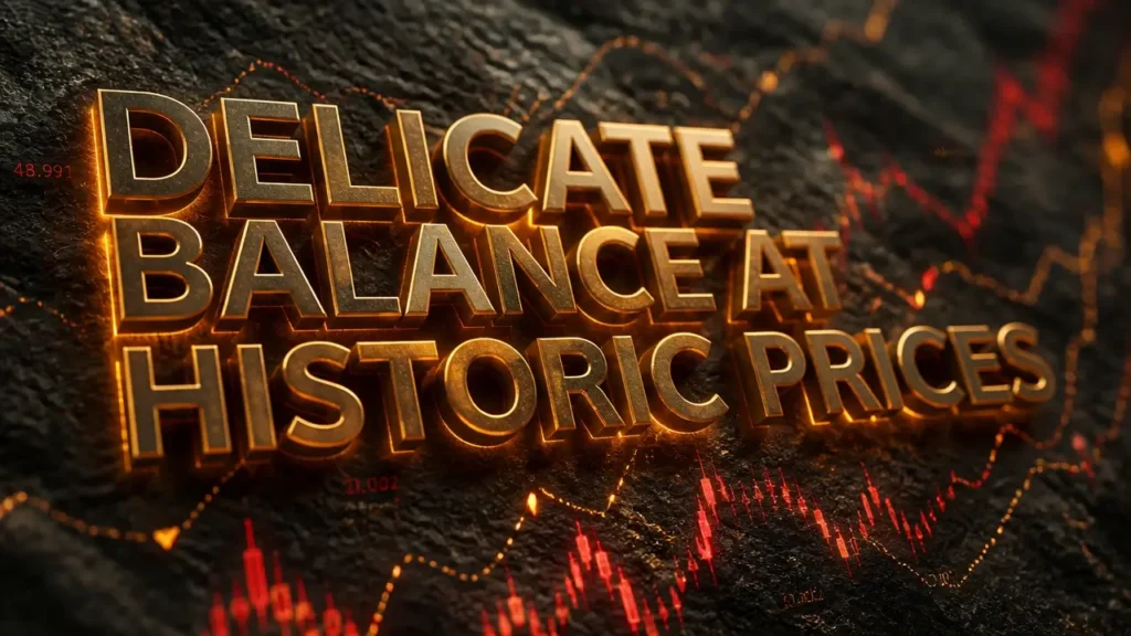 Glowing 3D typography 'Delicate Balance at Historic Prices' over dark textured stone with amber neon and red data lines, illustrating coffee market tension