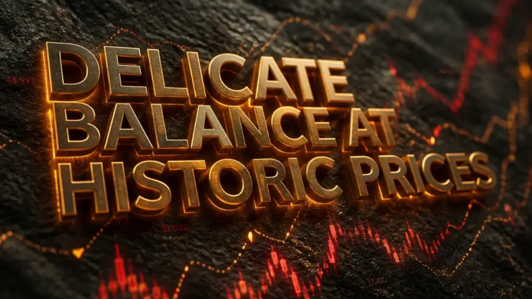 Glowing 3D typography 'Delicate Balance at Historic Prices' over dark textured stone with amber neon and red data lines, illustrating coffee market tension