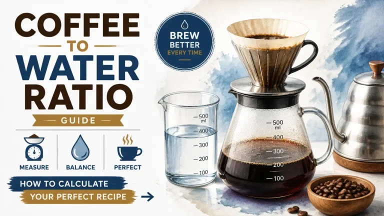 A stylized 3D infographic showing the perfect coffee to water ratio for brewing coffee.