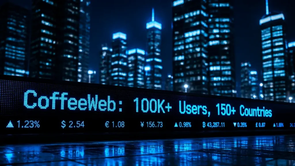Night city skyline with glowing digital ticker displaying CoffeeWeb headline about 100,000 users across 150 countries, representing a coffee price data platform