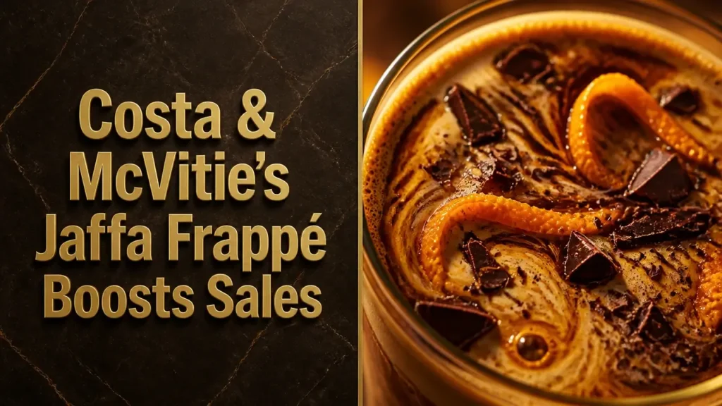 Split‑image with gold headline of Costa & McVitie's Jaffa Frappé beside abstract coffee swirl with orange zest and chocolate shards, evoking the new RTD drink