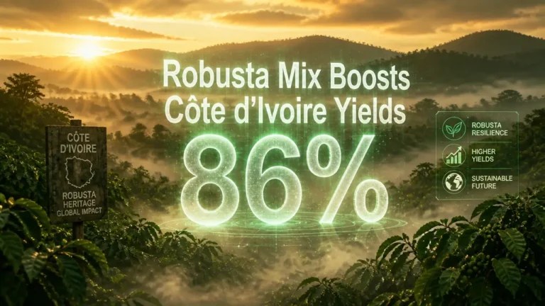 Misty Côte d’Ivoire coffee plantation at sunrise with holographic text showing 86% yield boost from robusta mix