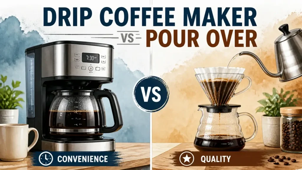 A stylized 3D rendered comparison between a drip coffee maker and pour over brewing methods with artistic watercolor textures.