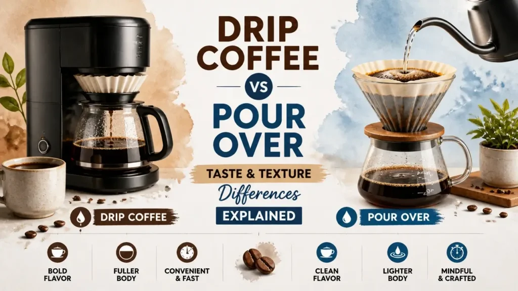 A side-by-side artistic comparison of drip coffee versus pour over highlighting taste and texture differences.